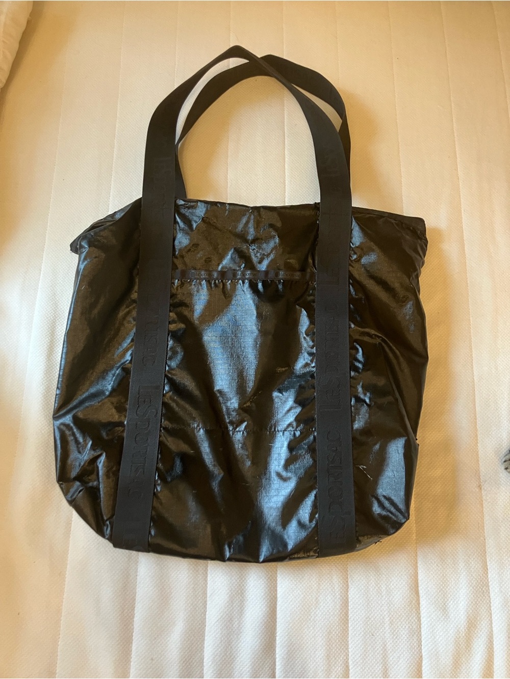 Lesportsac Two Handle Zip Tote with Logo Webbing, Black Shine, Retail $135